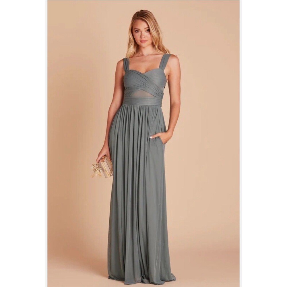 BIRDY GREY "Elyse" Gown Bridesmaid Dress Sea Glass Green Pleated Mesh Cutout S
